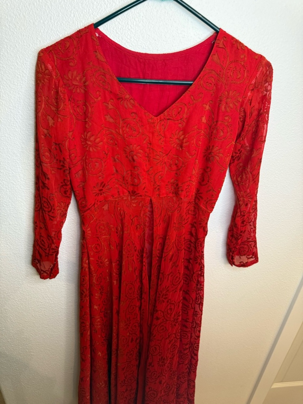 Vintage Red Flocked Sheer Overlay Midi Dress Long Sleeve XS 90s Romantic
